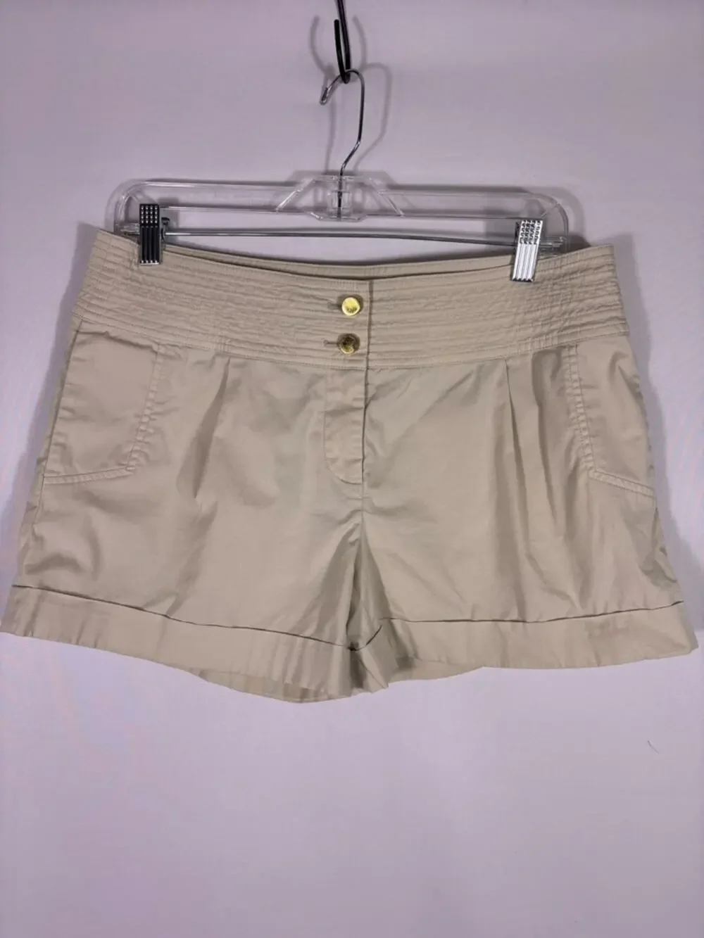 Tory Burch Beige Smocked-Waist Safari Bermuda Shorts Gold Buttons Size 10 0598